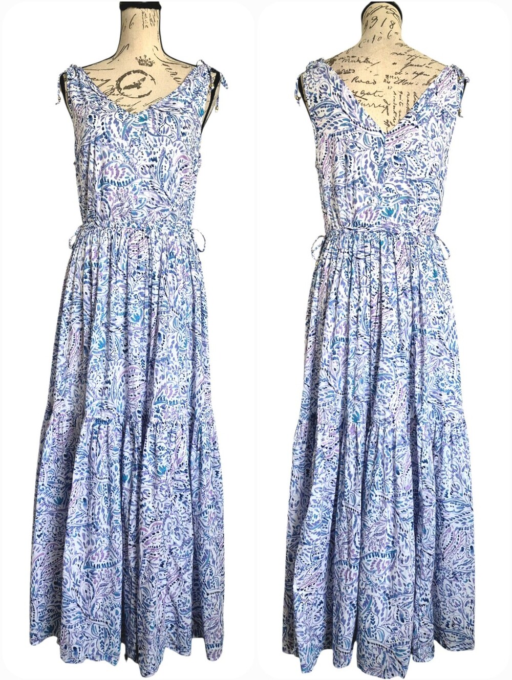 Talbots V Neck Fit Flare Tiered Cotton Floral Maxi Dress 8 Watercolor Paisley